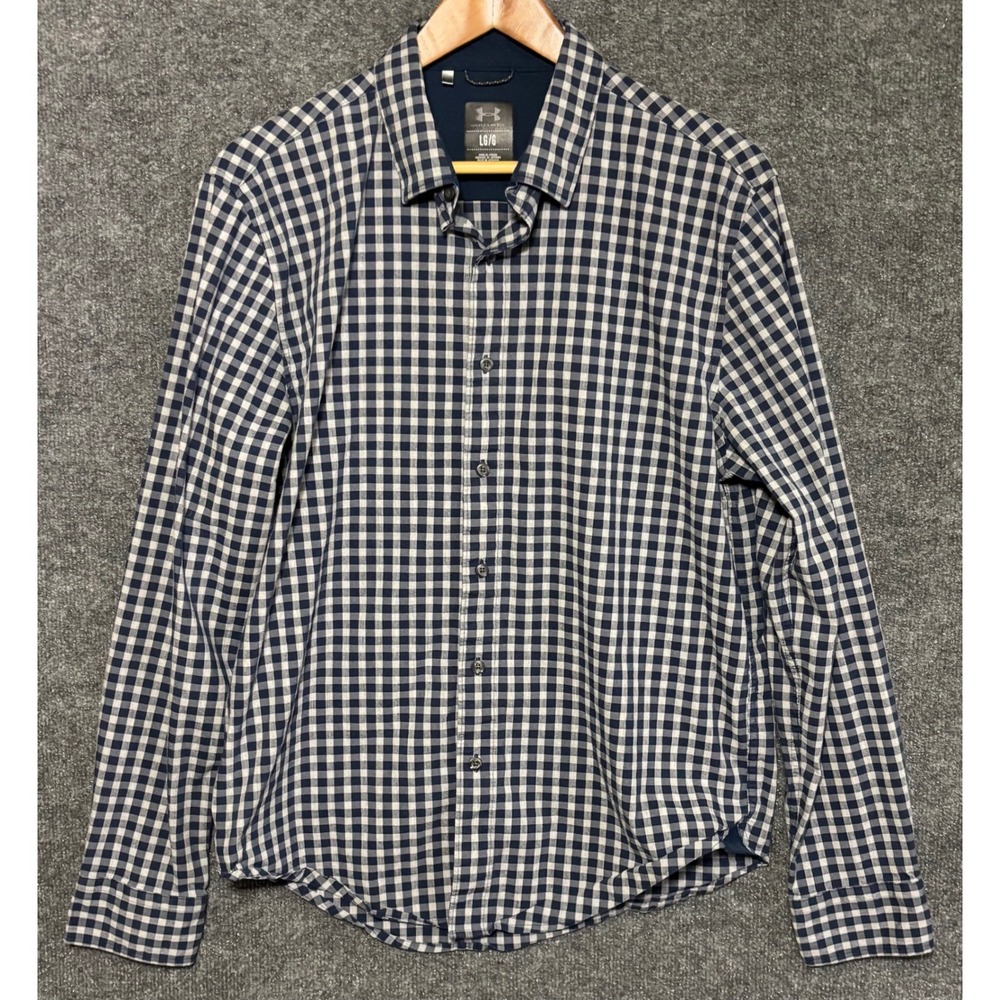 Under Armour Mens LG G Gingham Long Sleeve Button Up Shirt Navy White UA
